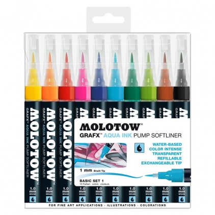 Markere cu vopsea, creta, speciale Marker reîncărcabil Aqua Ink Pump Softliner 1 mm Basic Set 1 10 buc/set Molotow