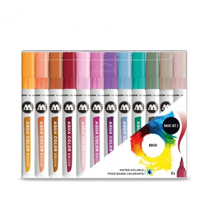 Markere cu vopsea, creta, speciale Brush Pen Molotow Aqua Color Basic2 12 buc/set