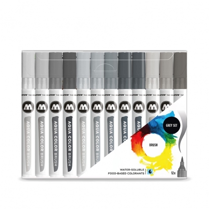 Markere cu vopsea, creta, speciale Brush Pen Molotow Aqua Color Grey 12 buc/set