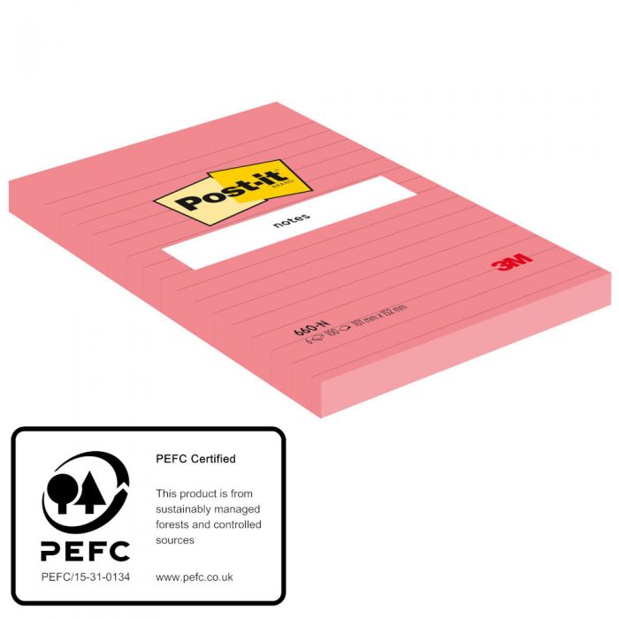 Post-it, note adezive, cuburi de hartie Notite adezive 101 x 152 mm liniate PEFC 100 file neon Post-it® 3M