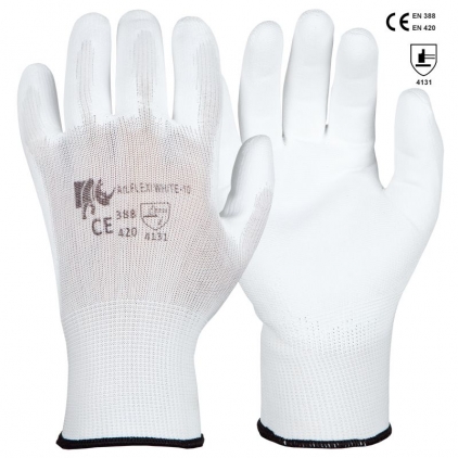  Manusi marimea 7 din poliester cu strat de PU alb in palma si pe degete Flexi white eco