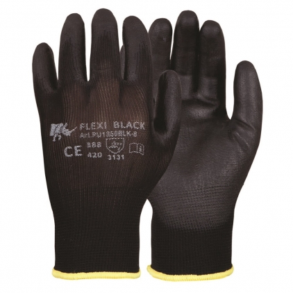  Manusi marimea 8 din poliester cu strat de PU in palma si pe degete FLEXI BLACK