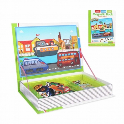 Jocuri logica, Montessori, STEM Carte magnetica puzzle, Mijloace de Transport, Masini, 59 piese magnetice, 18 carduri, Joc Educativ STEM