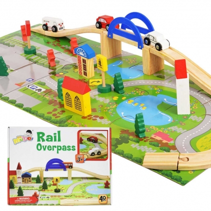 Masini de jucarie, moto, circuite Circuit din lemn cu 40 piese, masini, sine din lemn, peisaje