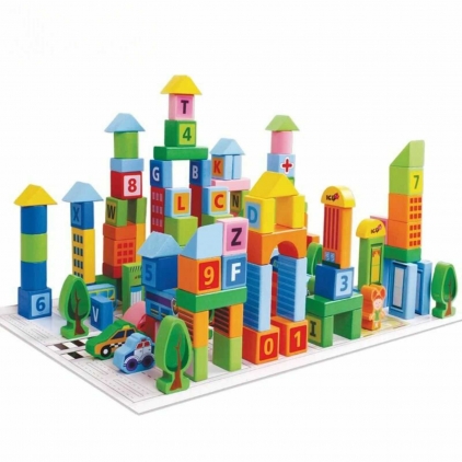 Set 100 cuburi constructie din lemn, Urban Trafic, Beilaluna Toys