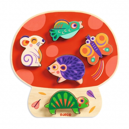 Jocuri puzzle Ciupercuta Anianco, Puzzle din lemn, 5 piese, animale, Djeco, varsta 1 - 3 ani, Baiat, Fata