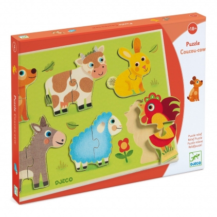 Jocuri puzzle Puzzle incastru din lemn, Ferma, 6 animale formate din 2 piese, Coucou Djeco, varsta 1 - 3 ani, Baiat, Fata