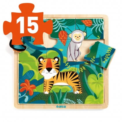 Jocuri puzzle Puzzle din lemn, 15 piese, Animale Jungla, Djeco, varsta 1 - 3 ani, Baiat, Fata
