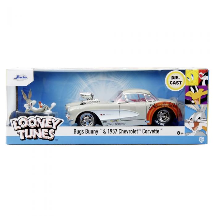 Figurine si roboti Looney Tunes - set Bugs Bunny si 1957 Chevrolet Corvette masina de jucarie metalica scara 1:24 Jada, varsta peste 8 ani