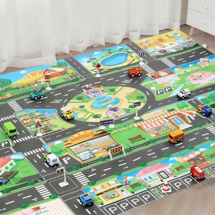 Jocuri educative pentru copii Covor copii cu traseu auto pentru masini, drumuri, 130 x 100 cm, color, circuit cu semne de circulatie incluse, impermeabil