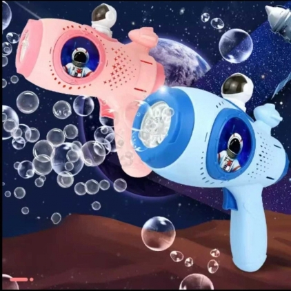 Jucarii nisip si gradina, sporturi si altele Jucarie Pistol de facut baloane de sapun, Imprimeu Spatiul Cosmic, 8 orificii, lumini, 22 x 18.5 x 8 cm, 2 variante de culoare