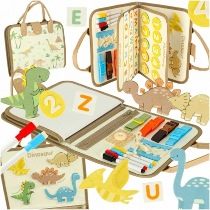 Jocuri logica, Montessori, STEM Busy Board Montessori, Carte senzoriala Portabila cu Activitati Educative si Interactive,Dinozauri