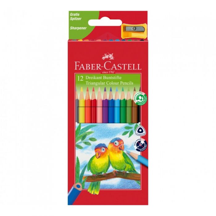 % Promo % Creioane colorate triunghiulare + ascutitoare eco Faber-Castell 12 culori/set