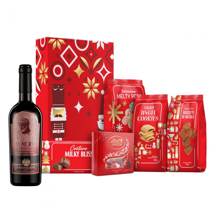 Cadouri de sezon Pachet Delicii de Craciun plus cadou sticla de vin rosu sec Dealu Mare Mauro