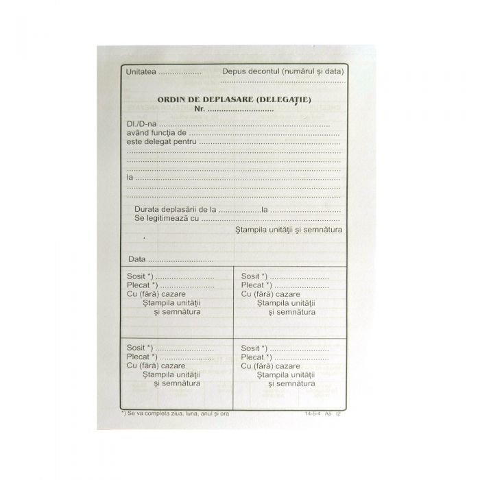 Tipizate Ordin deplasare A5 fata-verso 100 file/carnet